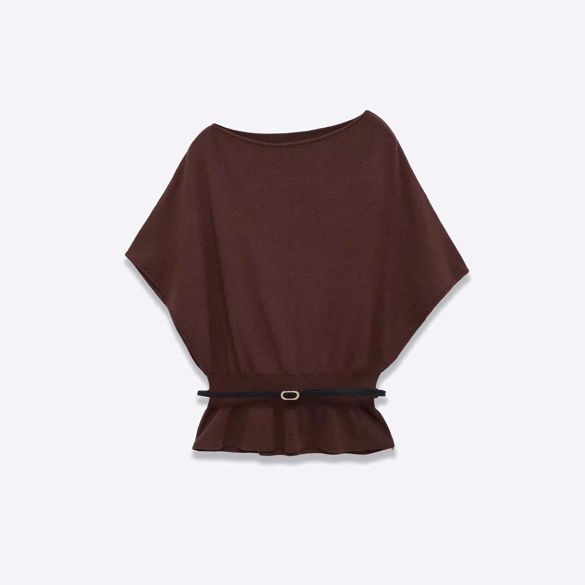 Women's Belted Knit Top Summer Round Neck Three-Quarter Sleeve
