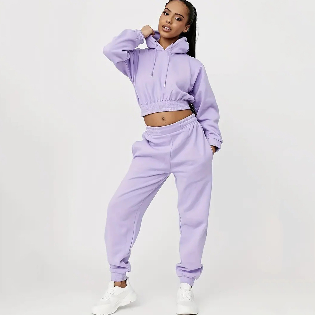 Women's Fleece-Lined Hooded Sweatshirt & Pants Set with Drawstring