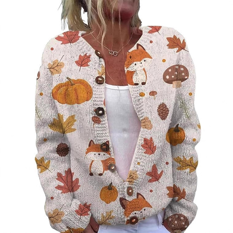 Women's Animal Pumpkin Maple Leaf Print Button Cardigan
