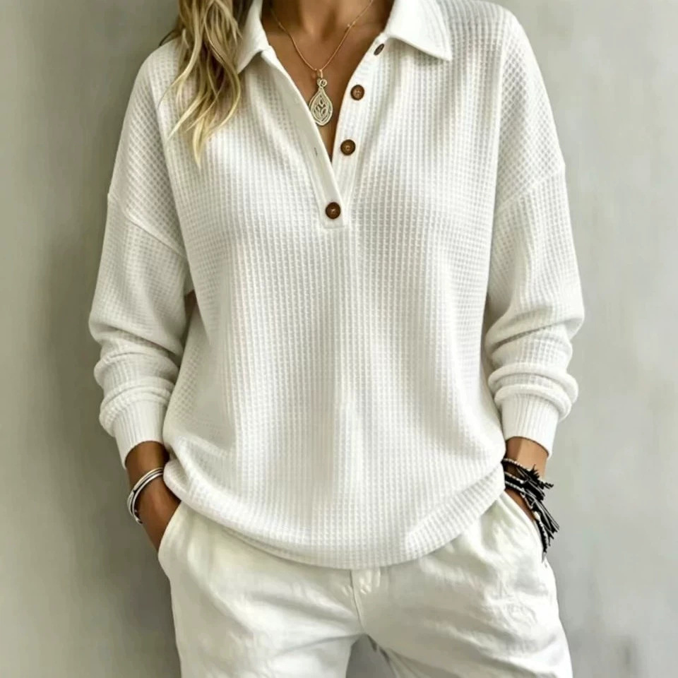 Waffle Knit Button-Front Pullover Top