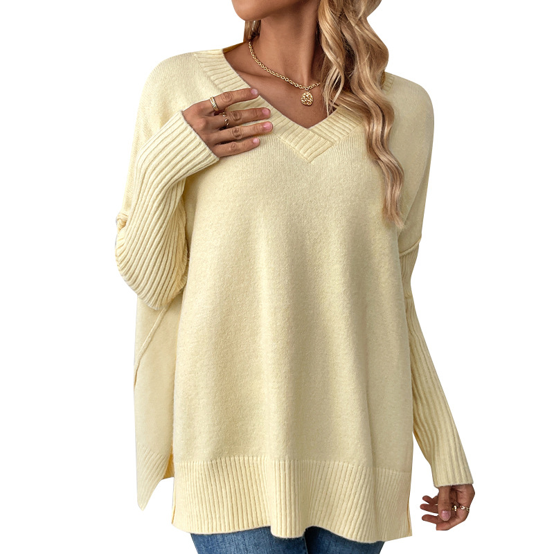 Women's V-Neck Pullover Sweater Lazy Style Patchwork Long Sleeve Knit Top