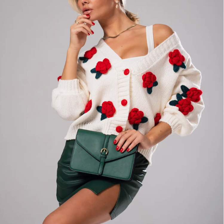 Red 3D Floral Cardigan Sweater Women's Cropped Loose Knit Top