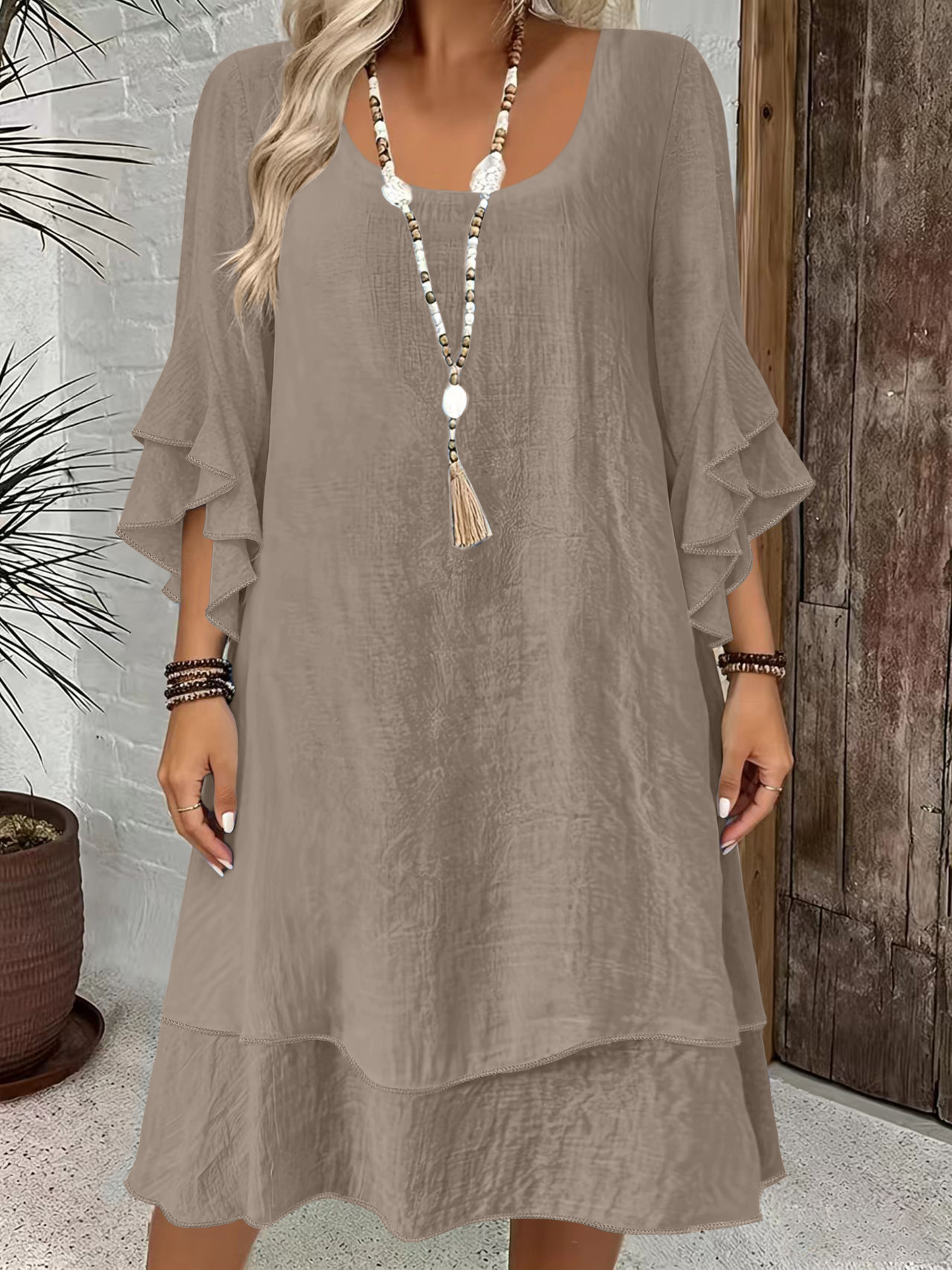 Elegant Ruffle Bell Sleeve Round Neck Midi Dress