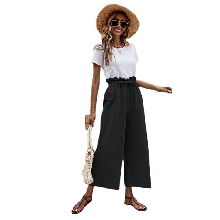 Women's Summer Cotton-Linen Wide-Leg Cropped Pants with Belt