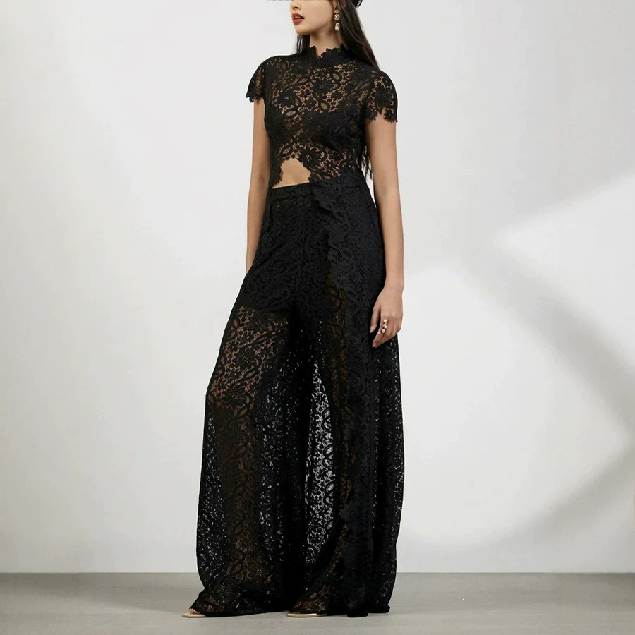 Lace Solid Color Dress Set with Cutout Round Neck and Front Slit