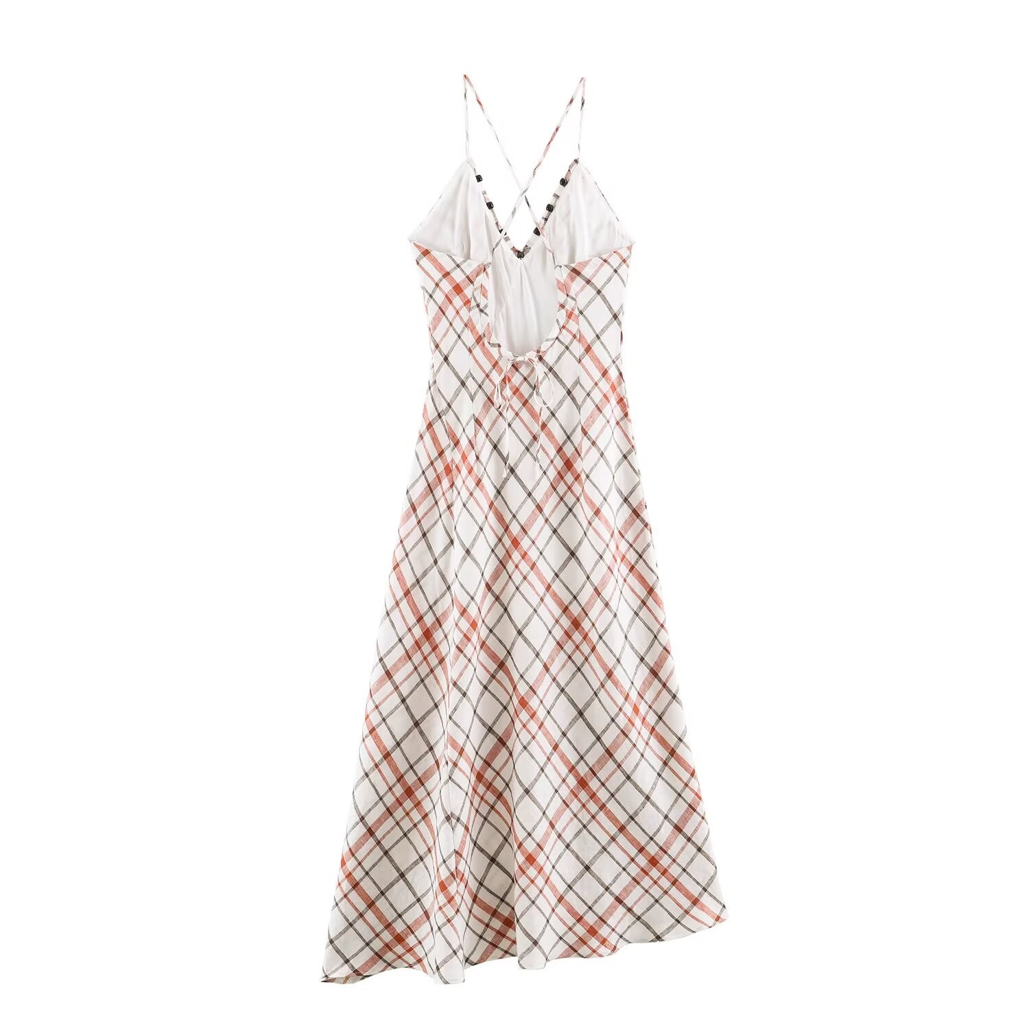Women's Plaid Halter Neck Midi Dress Sleeveless V-Neck Tie Waist