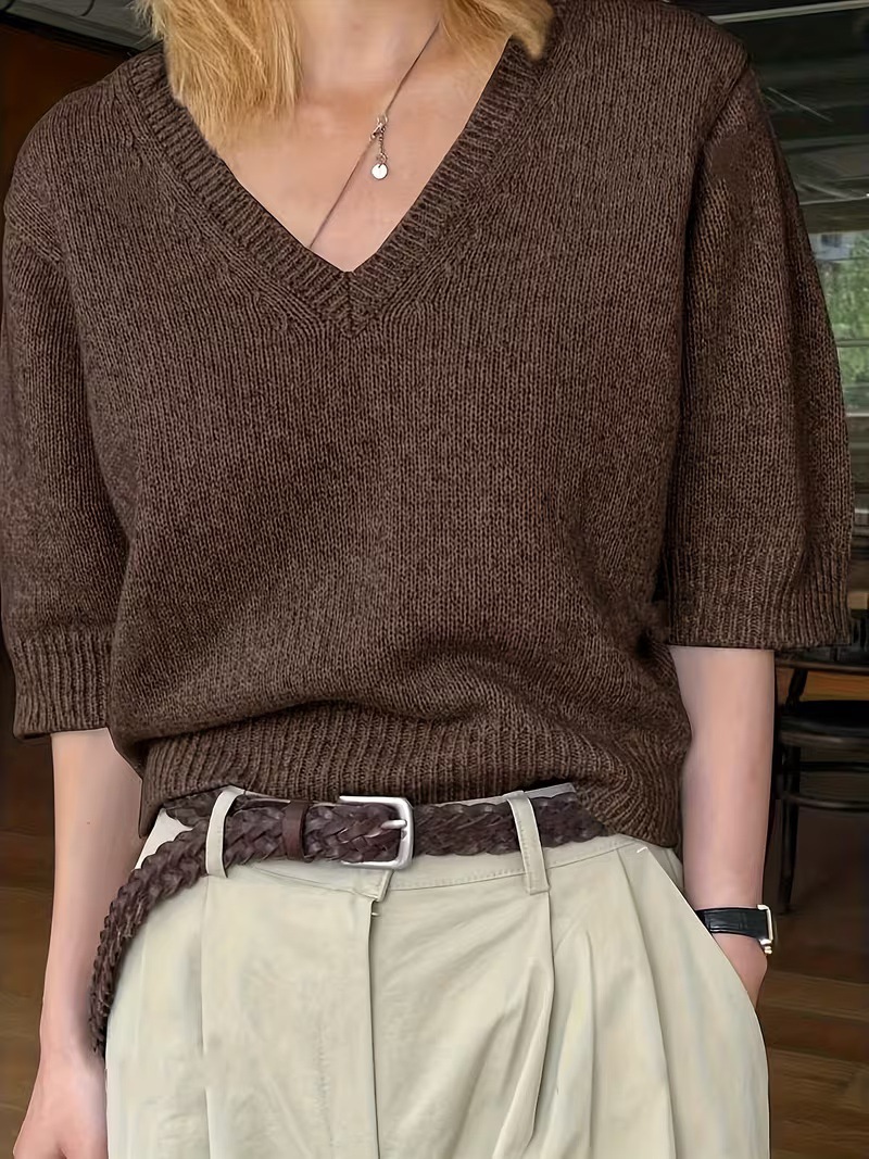 Women's Elegant V-Neck Knit Short-Sleeve Top