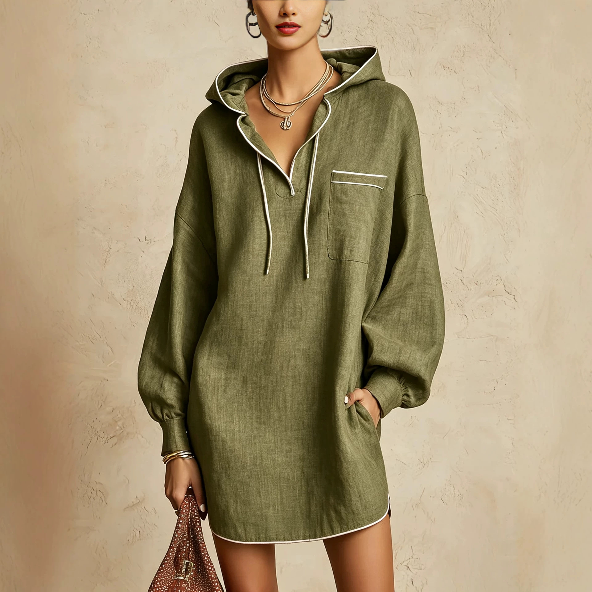 Women's Drawstring Long Sleeve Midi Hooded Sweatshirt Dress Textured Cotton Linen Casual