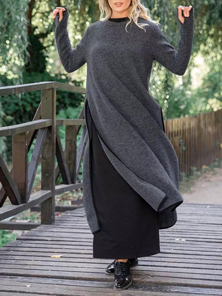 Loose Plus-Size Knit Lace-Trim Fleece-Lined Sweatshirt Dress
