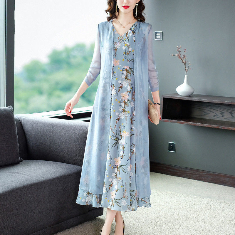 Women's Chiffon Two-Piece Dress Set with Floral Print and V-Neck