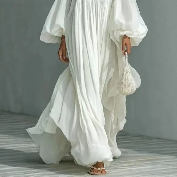 Square Neck Lantern Sleeve Flowy Maxi Dress