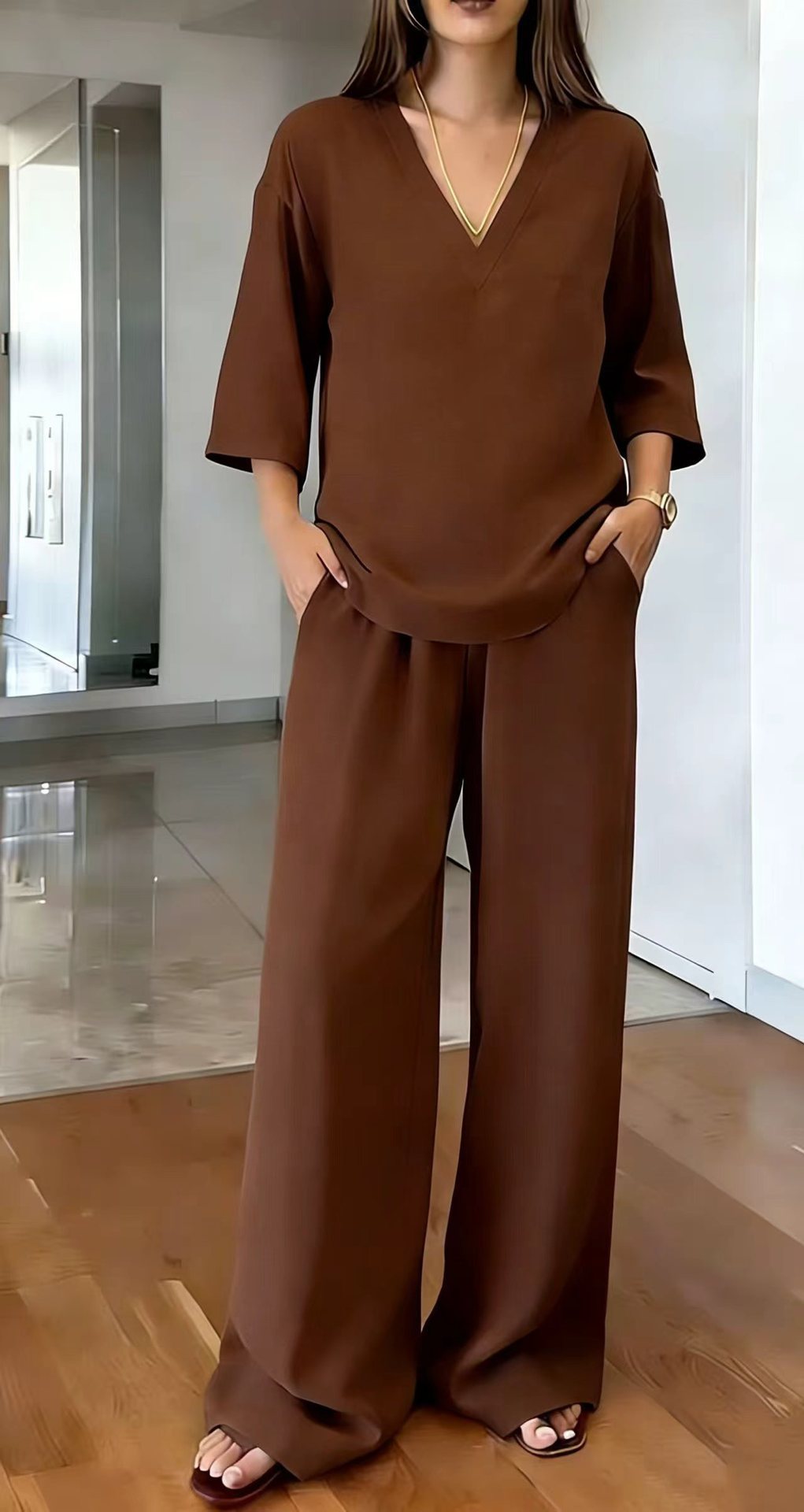 Women's Solid V-Neck Half-Sleeve Top & Wide-Leg Pants Casual Set