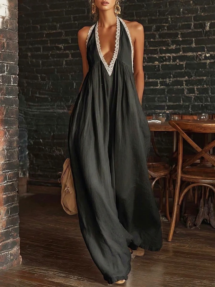 Women's Halter Deep V Lace Panel Loose Linen Jumpsuit