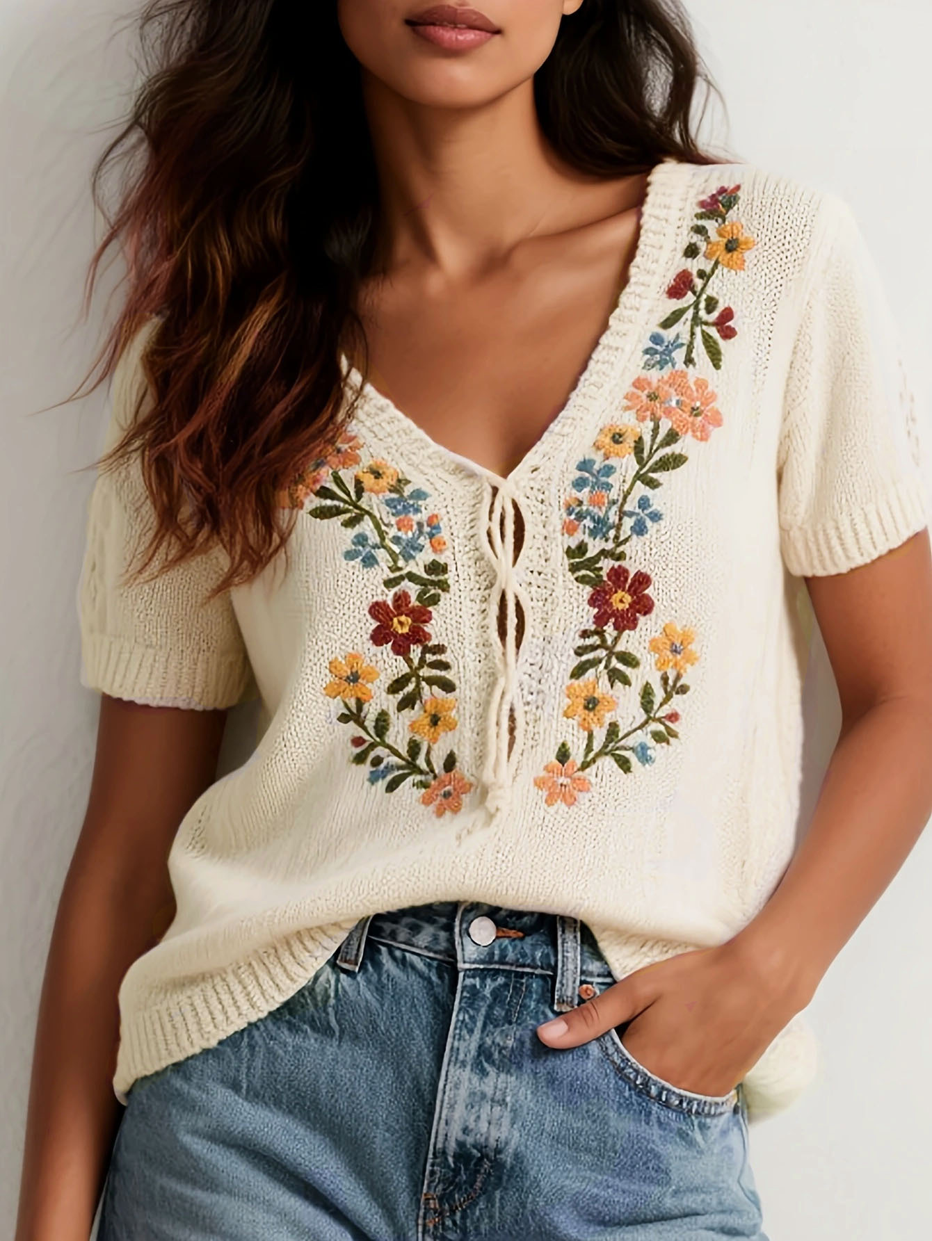 Floral Embroidered Knit Sweater V-Neck Half-Sleeve Slim Fit