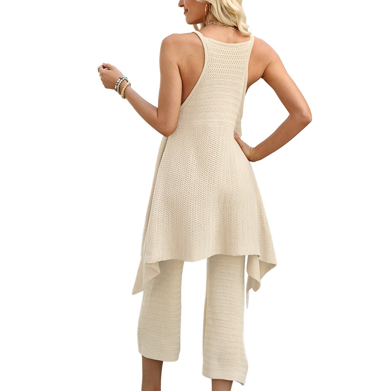 Women's Deep V-Neck Sleeveless Knit Top and Pants Two-Piece Set