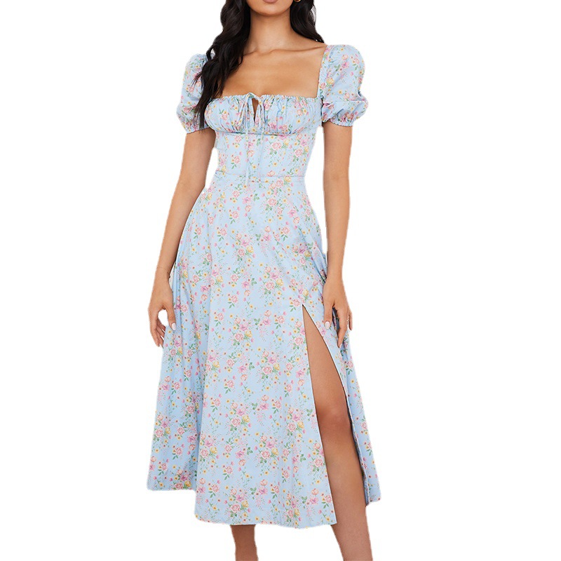 Women's Floral Print Midi Dress Square Neck Short Sleeve A-Line
