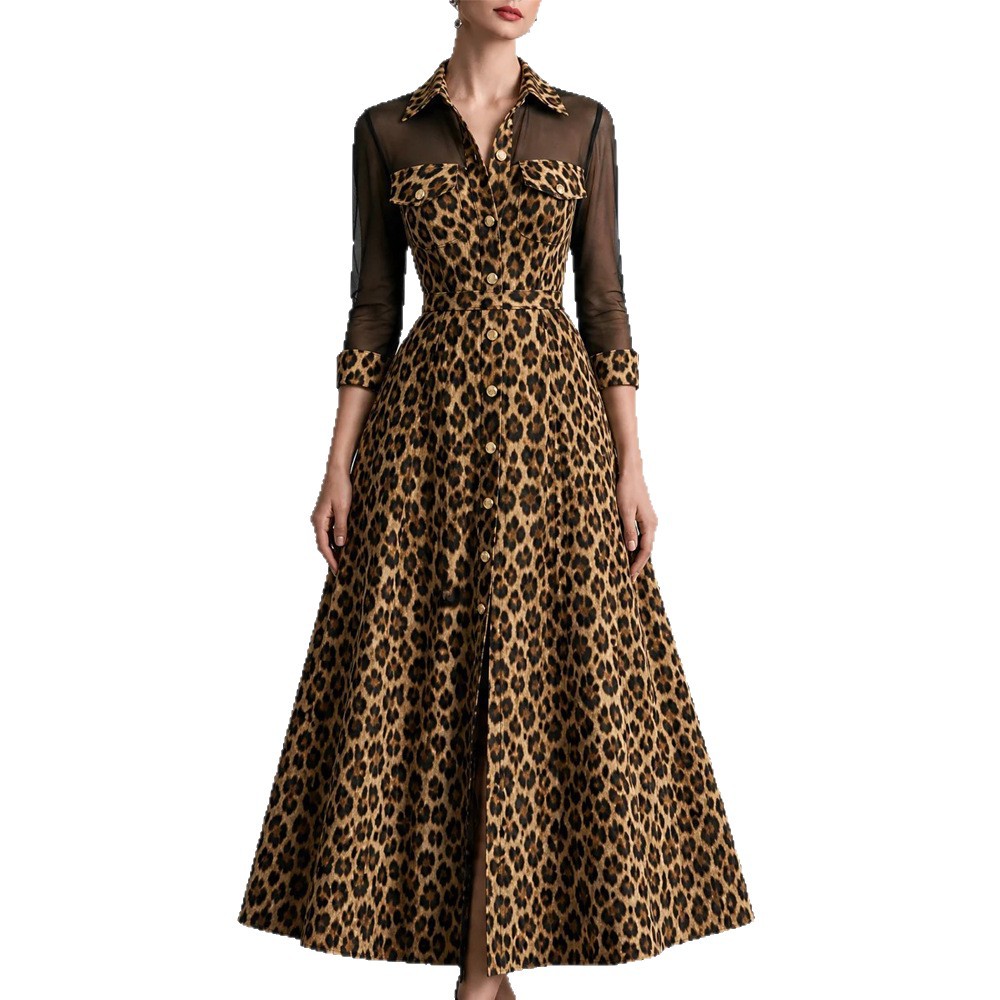 Leopard Print A-Line Long Sleeve Maxi Dress with Collar
