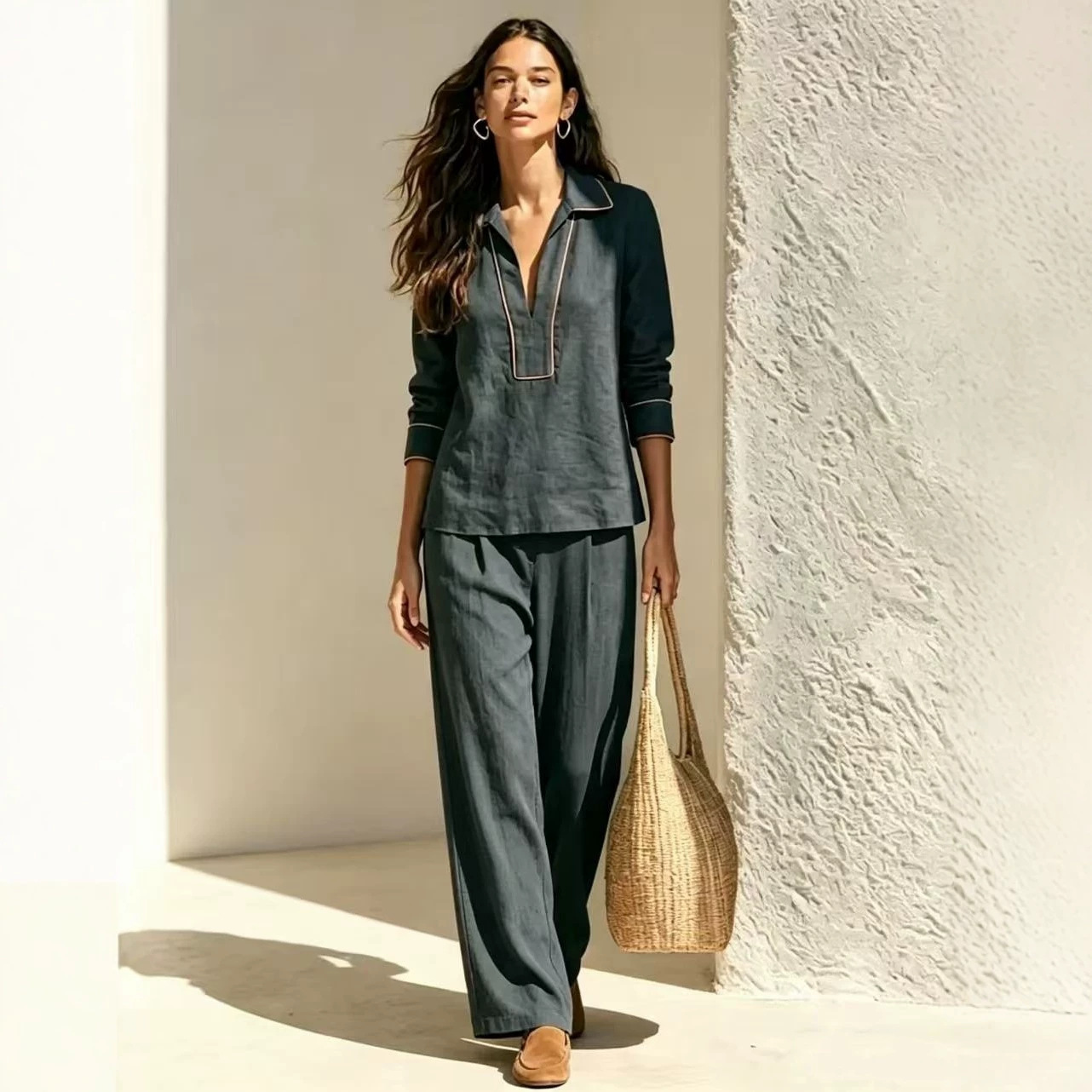 Women's Linen-Blend Pullover Hoodie Two-Piece Set Long Sleeve