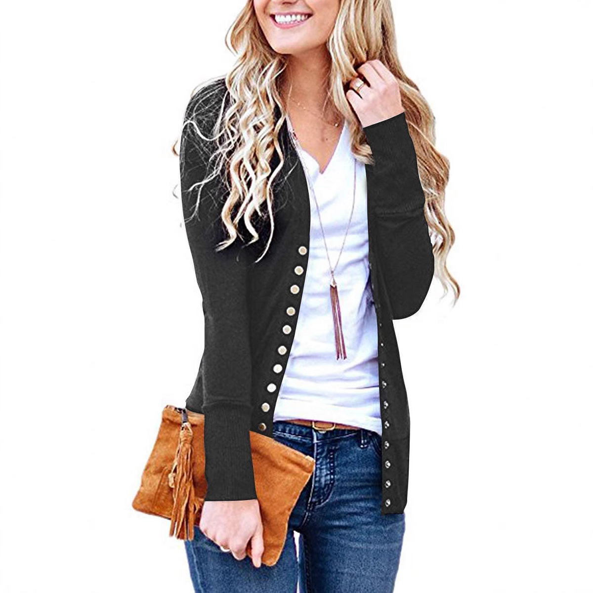 Women's Short Solid V-Neck Long-Sleeve Button Cardigan