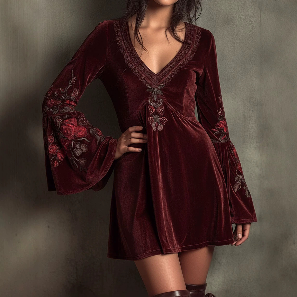 Bohemian Flare-Sleeve Wine Red Velvet Embroidered Mini Dress