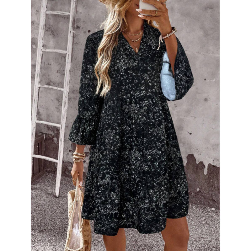 Boho V-Neck Midi Dress Floral Print Bell Sleeve A-Line