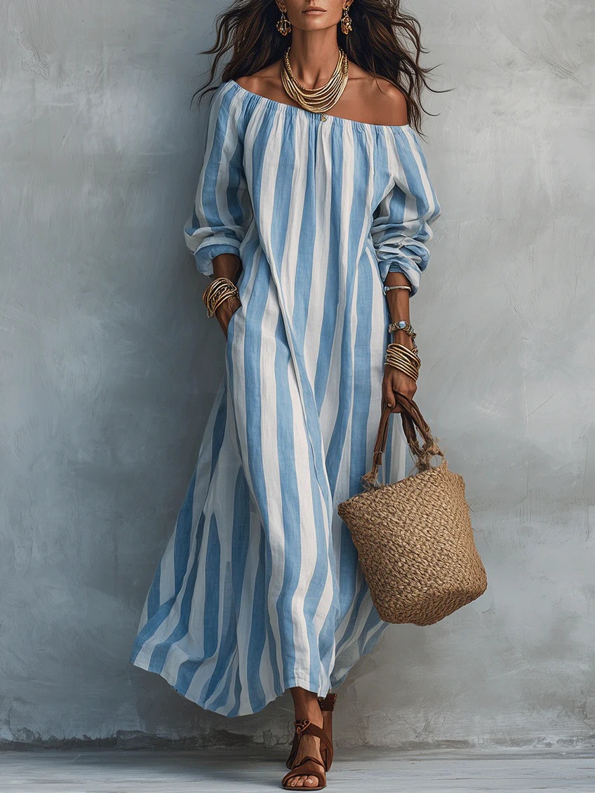 Striped Off-Shoulder Long-Sleeve Maxi Dress