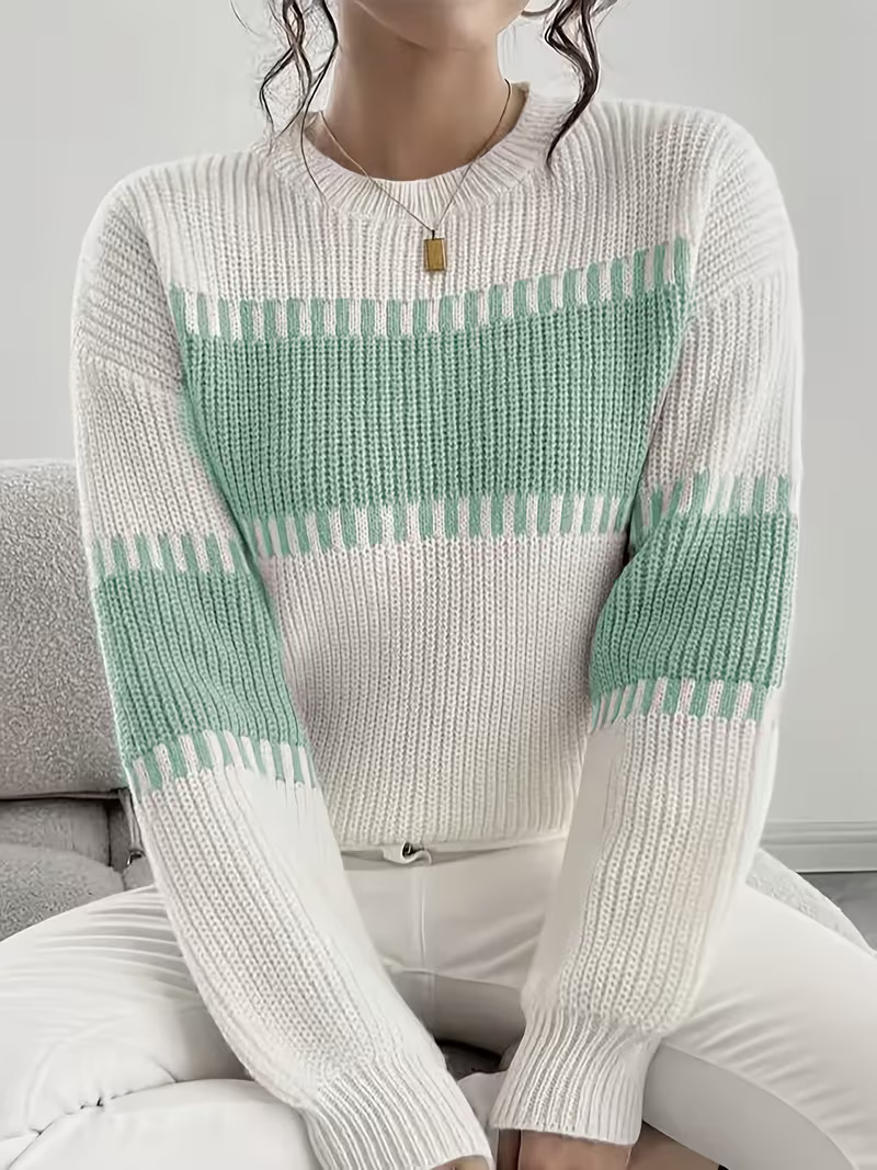 Women's Casual Striped Drop Shoulder Long Sleeve Sweater Colorful Striped Pullover