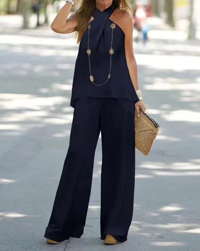 Women's Sleeveless Halter Two-Piece Set with Wide-Leg Pants