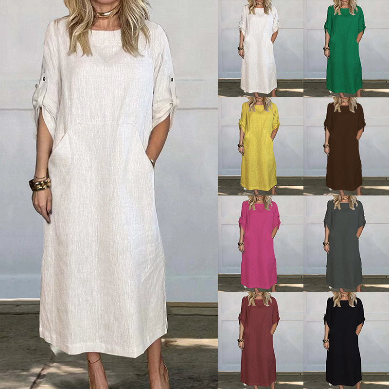 Women's Summer Loose Casual Solid Color Short Sleeve Cotton Linen Dress