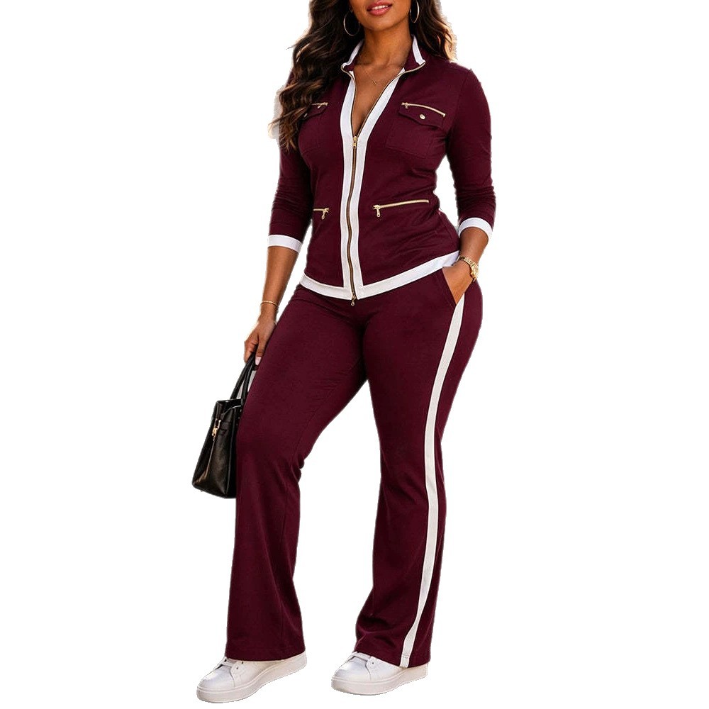 Women's Two-Piece Set Zip-Up Stand Collar Top and High-Waist Straight-Leg Pants
