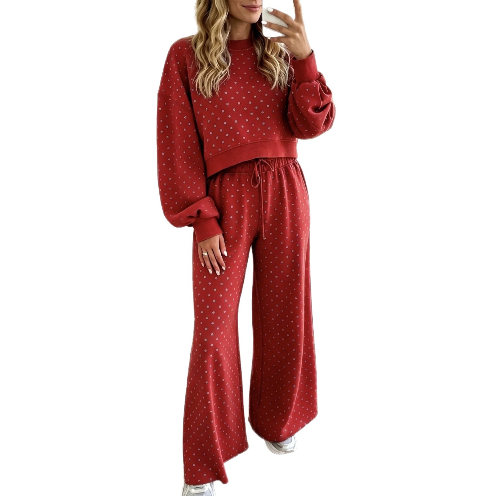 High-Waist Polka Dot Print Wide-Leg Pants Set Women