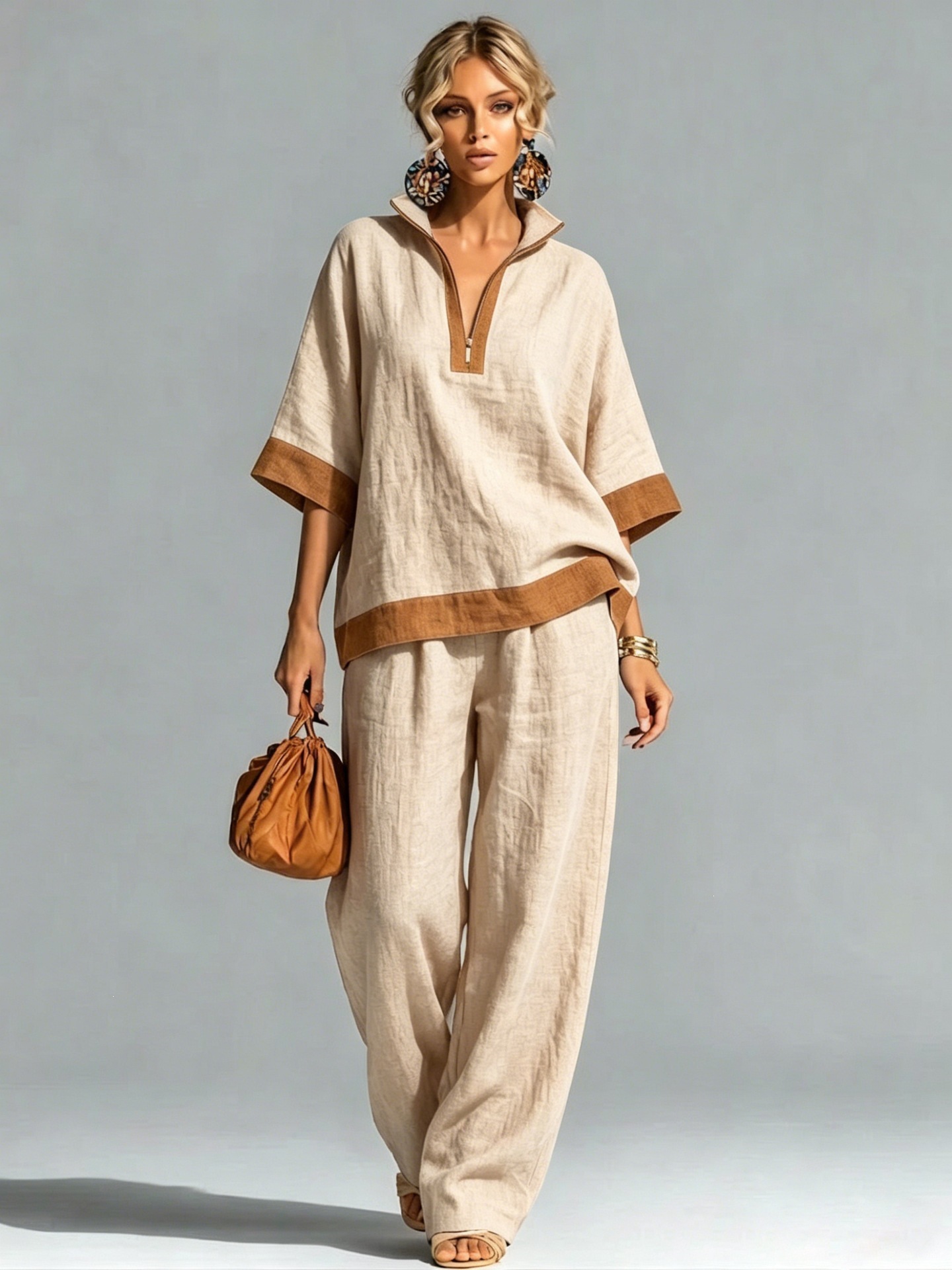 Women's Color-Block Half-Zip Linen Top and Straight-Leg Pants Two-Piece Set