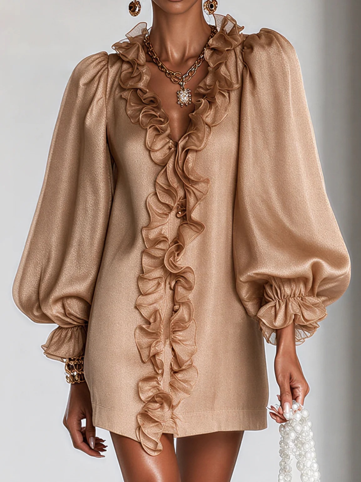 Champagne Sheer Ruffle Bubble-Sleeve Mini Dress with Deep V-Neck