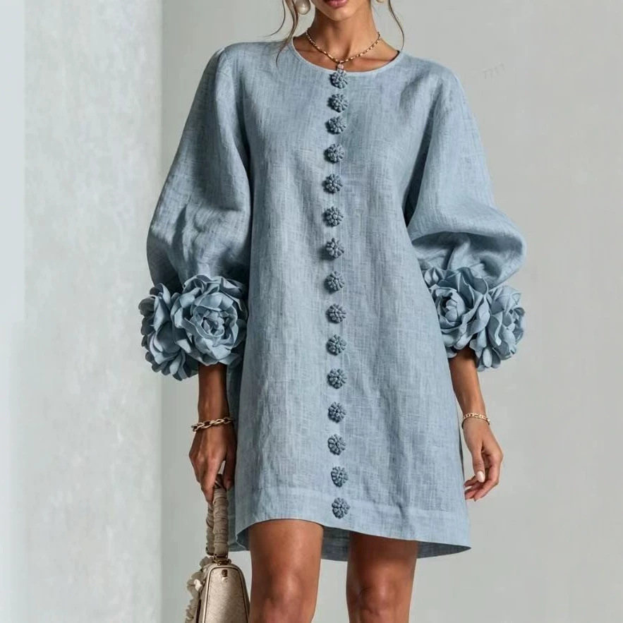 French 3D Floral Lantern Sleeve Cotton Linen Dress Round Neck Button Front Loose Short