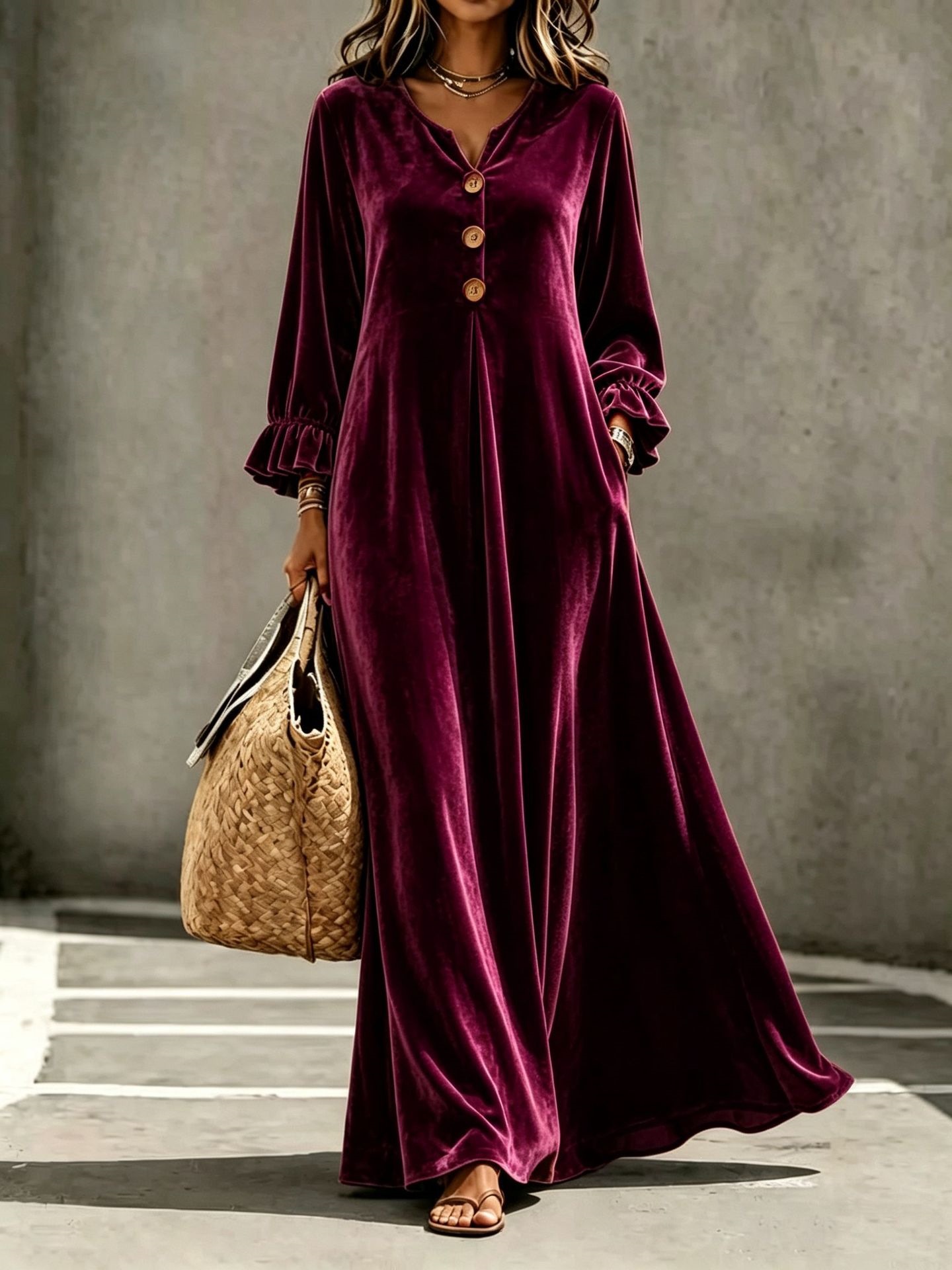 Velvet V-Neck Ruffle-Sleeve Long A-Line Dress