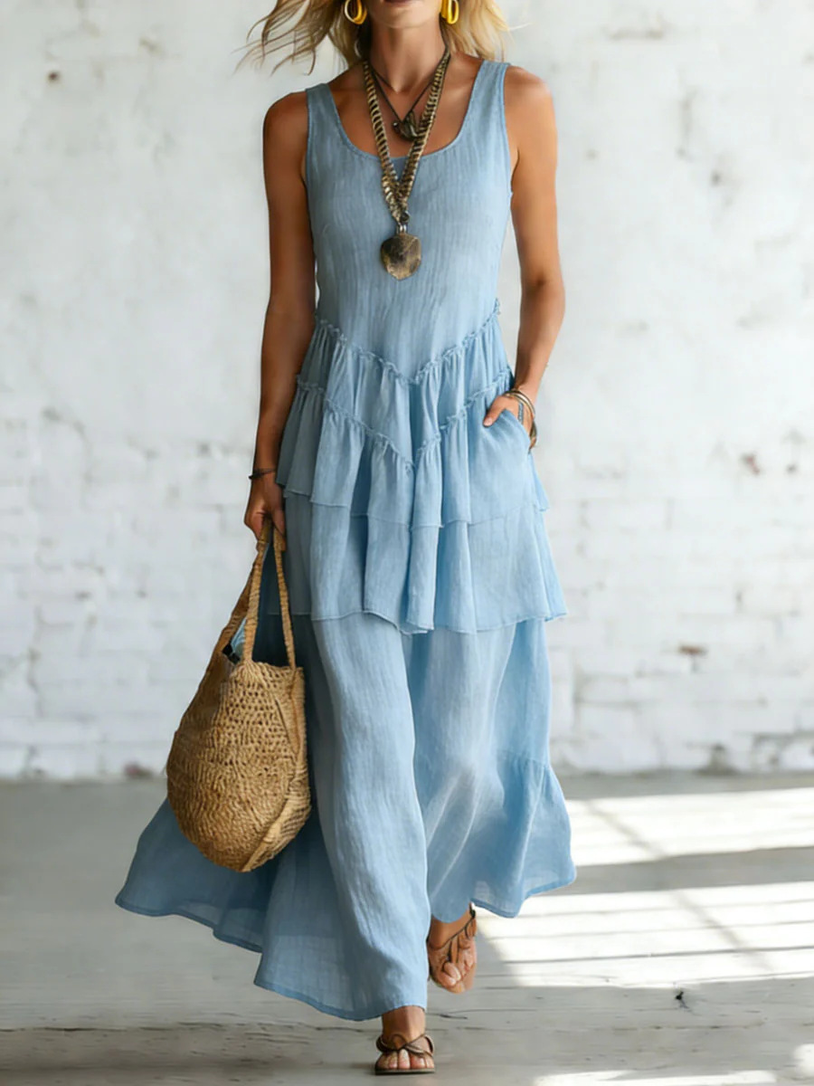 Women's Sleeveless Cotton Linen Dress with Flared Skirt