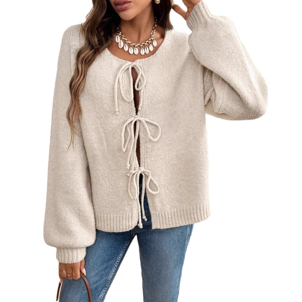 Women's Casual Loose Tie-Front Solid Knit Cardigan Sweater