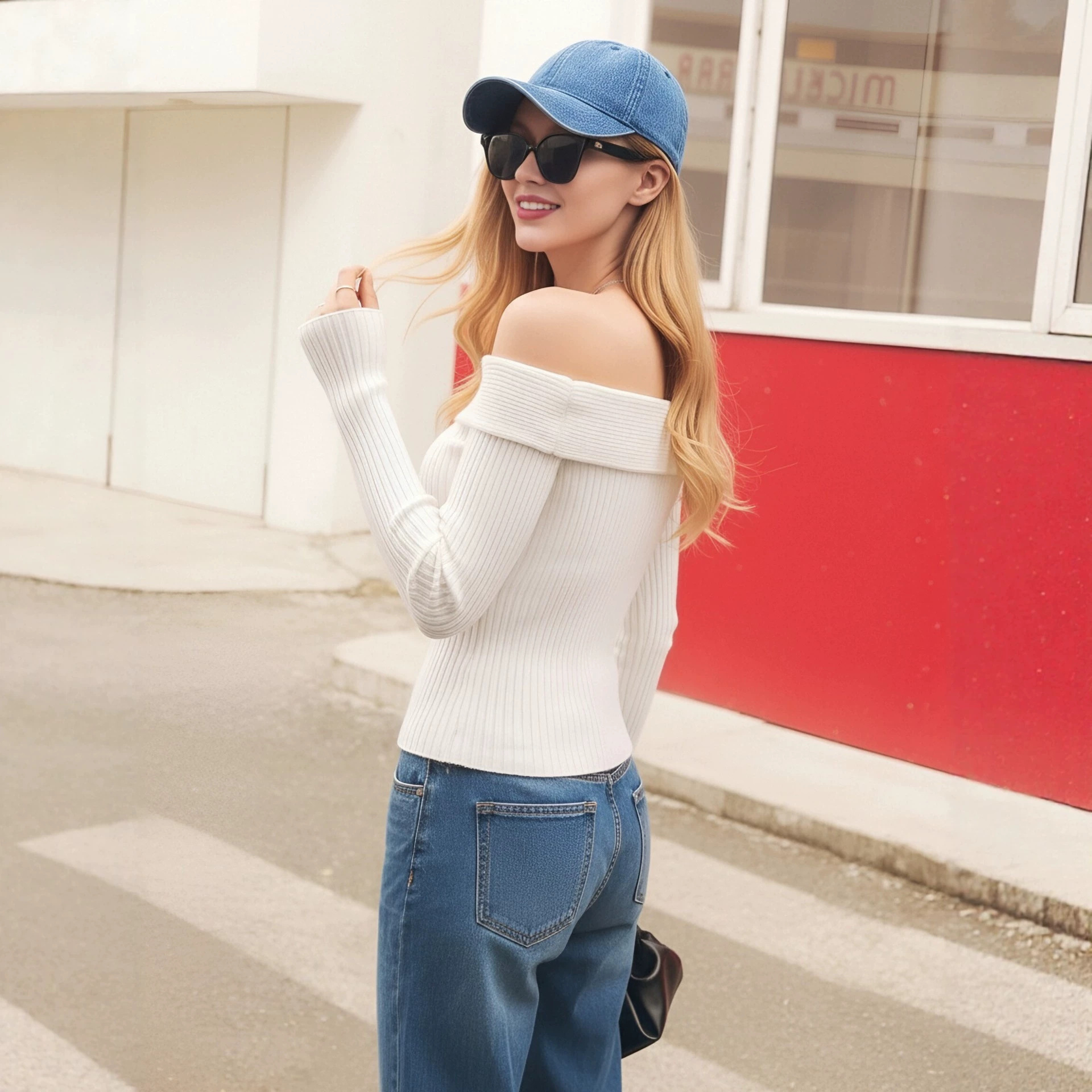 Off-Shoulder Ribbed Knit Top Slim Fit Long Sleeve