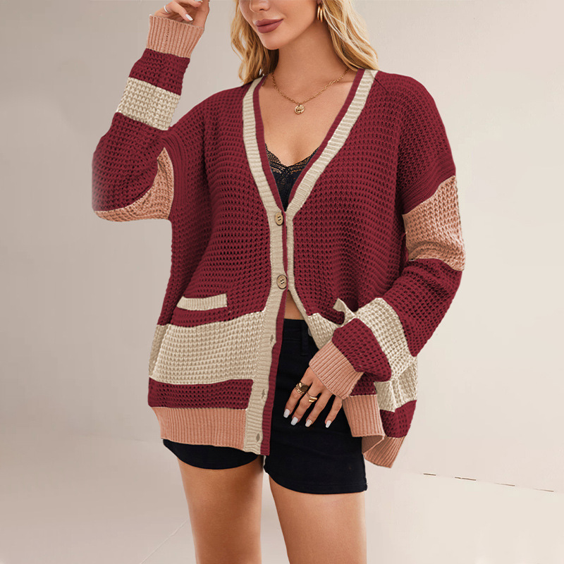 Women's V-Neck Colorblock Knit Cardigan with Pockets Plus Size