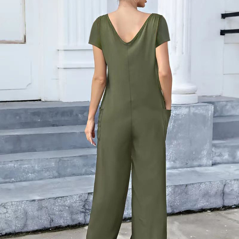 Solid Color Patch Pocket V-Neck Wide-Leg Jumpsuit