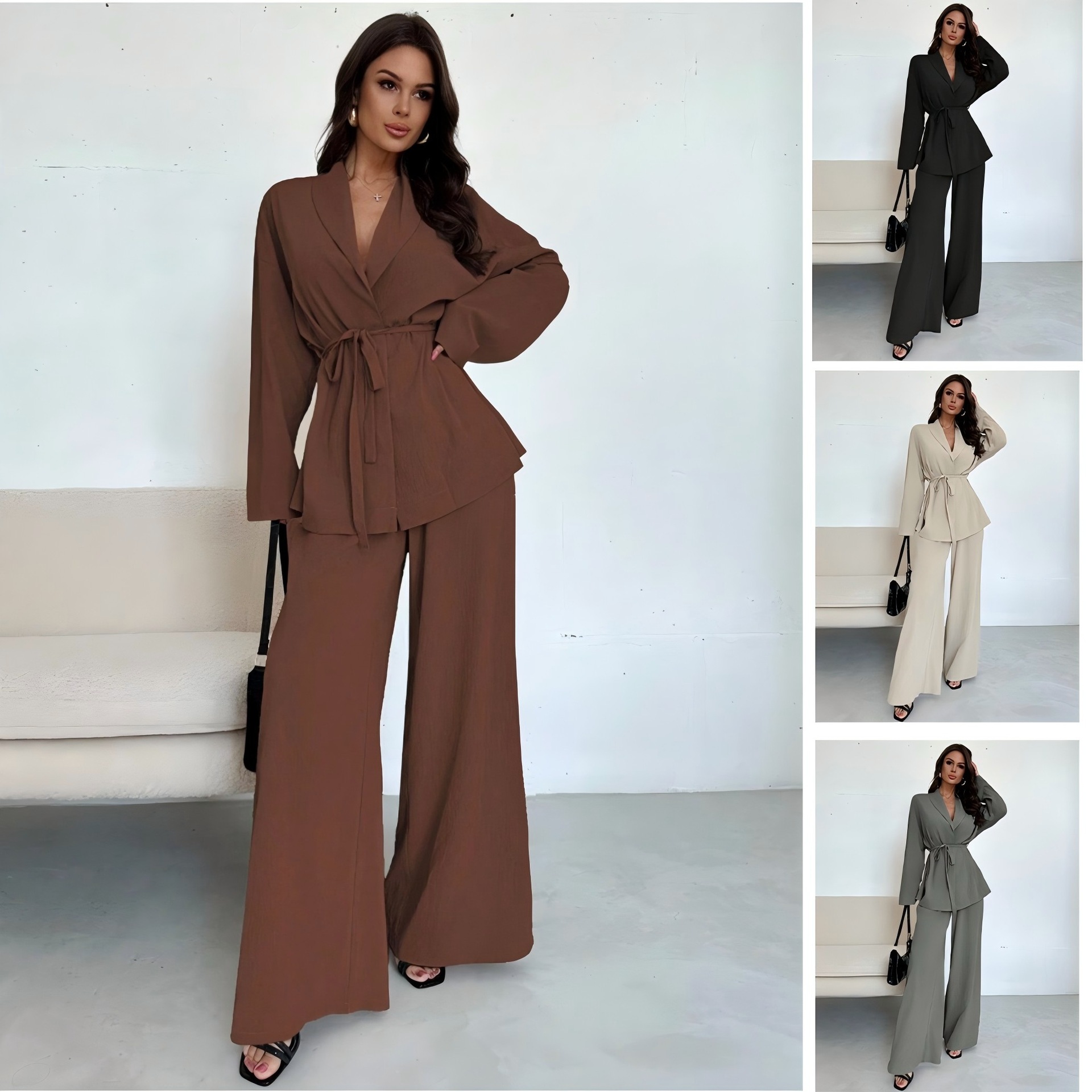 V-Neck Long Sleeve Wide-Leg Pants Set