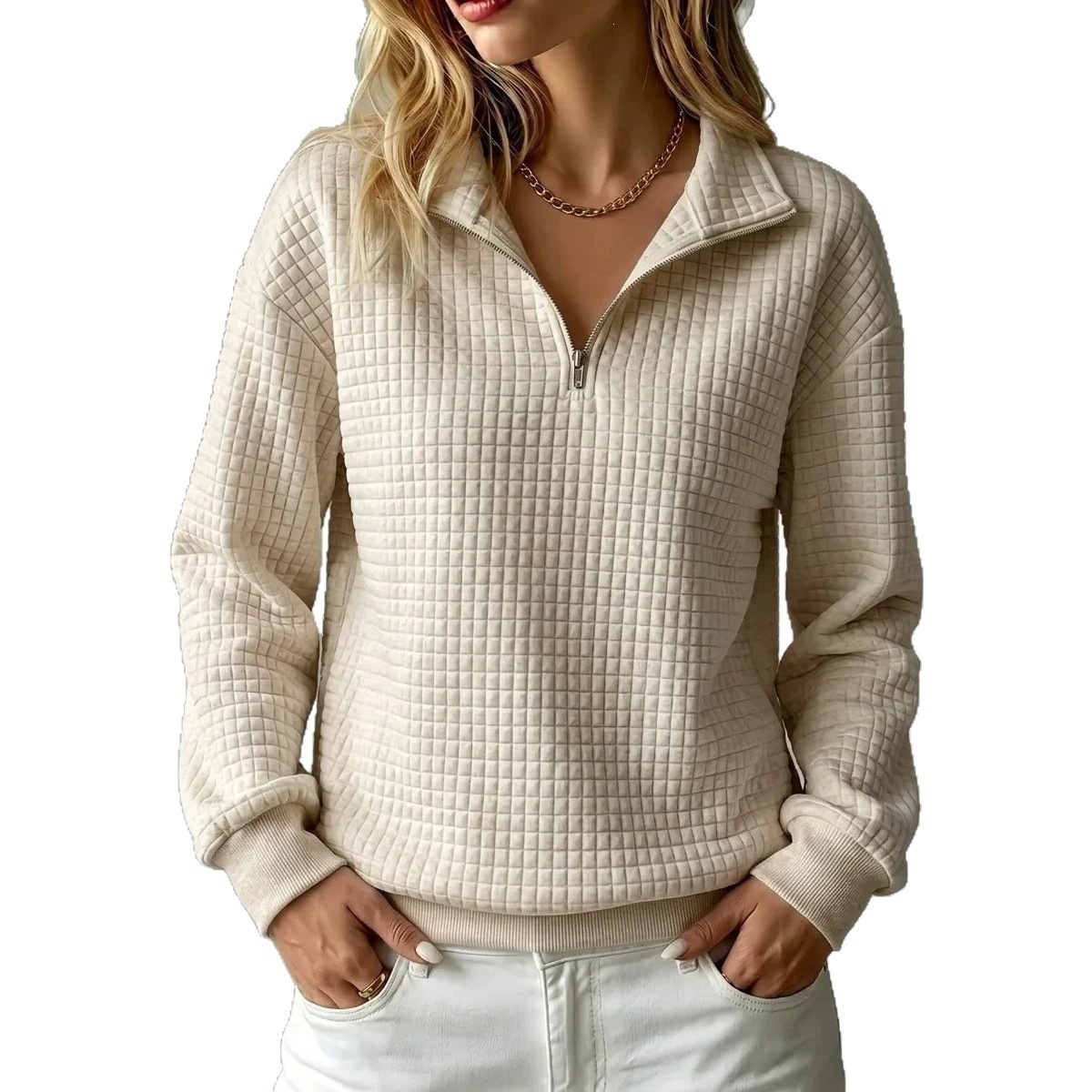 Waffle Knit Solid Stand Collar Zip-Up Long Sleeve Women's Sweatshirt