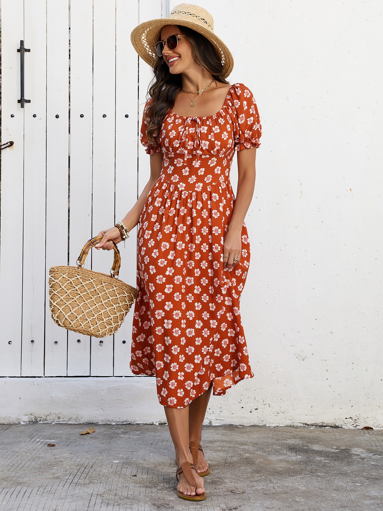 Floral Square Neck Off-Shoulder Ruffle Waist Dress