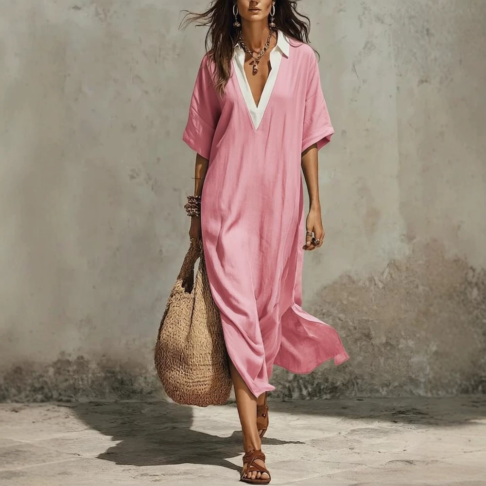 V-Neck Loose Half-Sleeve A-Line Midi Dress