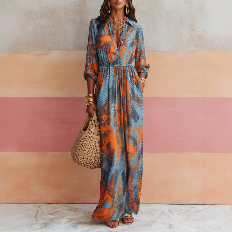 Women's Casual Printed Long Sleeve Lapel Collar Long Dress