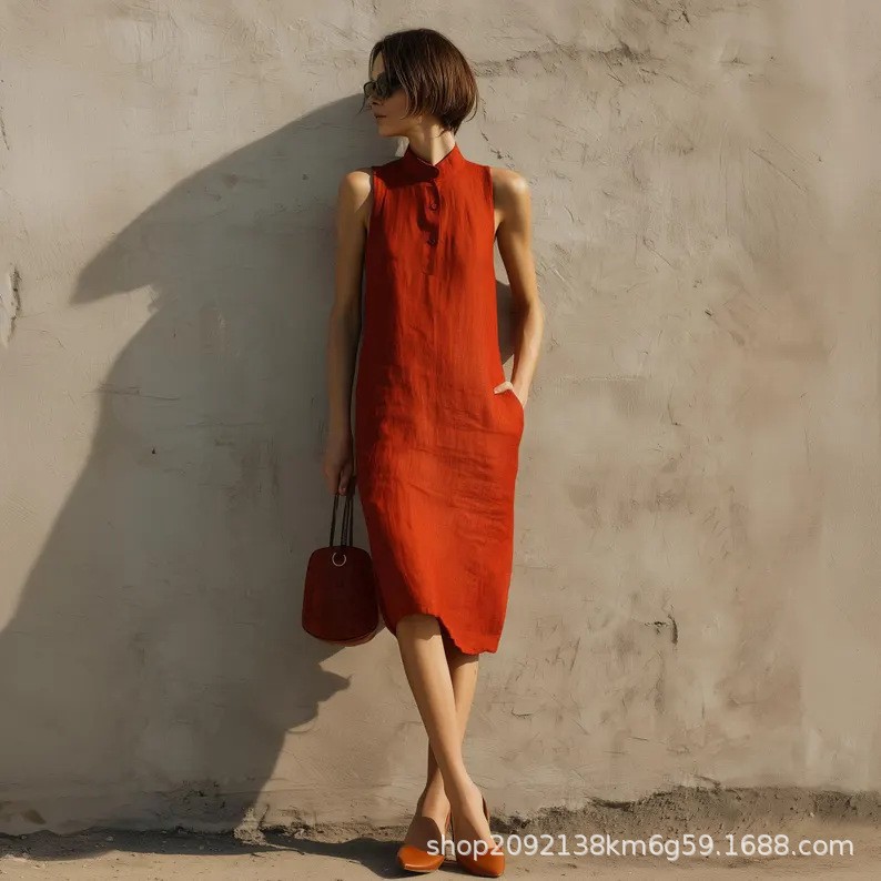 Women's Sleeveless Button-Front Midi Dress with Pockets