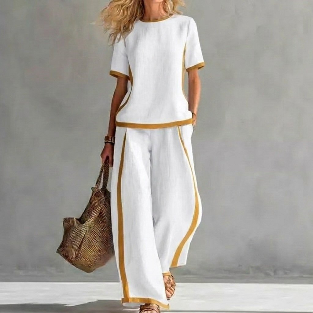 Women's Color-Block Short Sleeve Tee & Wide-Leg Pants Two-Piece Set