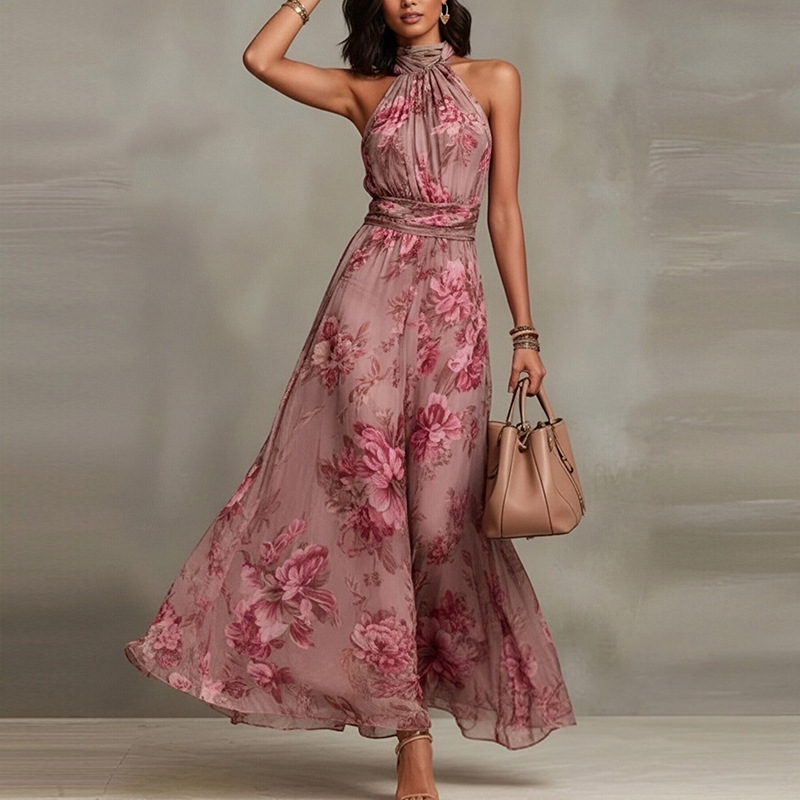 Elegant Floral Print Halter Sleeveless Bodycon Midi Dress