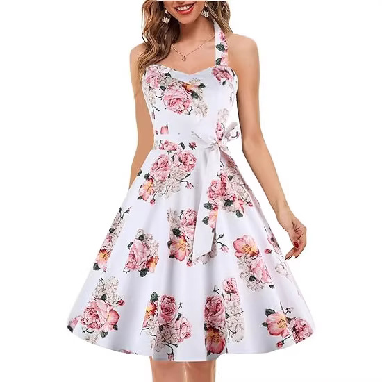 Women's Summer Halter Neck Sleeveless Floral Print Vintage Maxi Dress