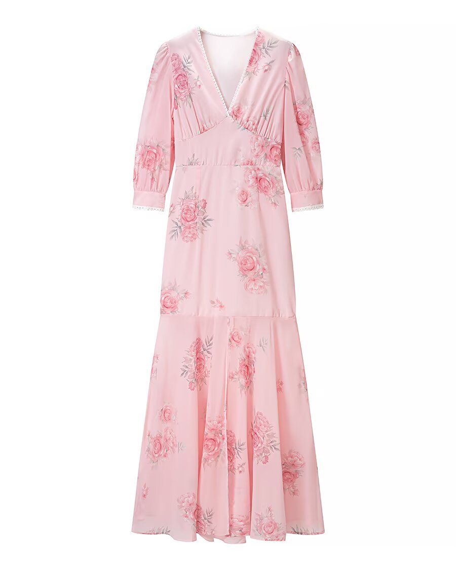 Floral V-Neck A-Line Midi Dress with Puff Sleeves